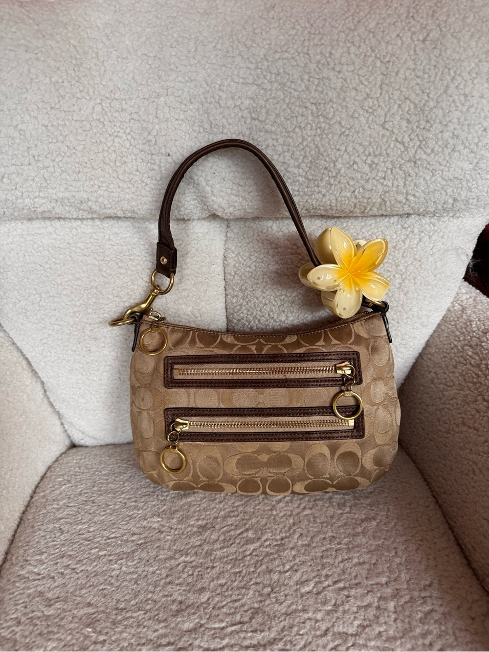 Coach Beige Signature Canvas Shoulder Bag with Brown Leather Trim